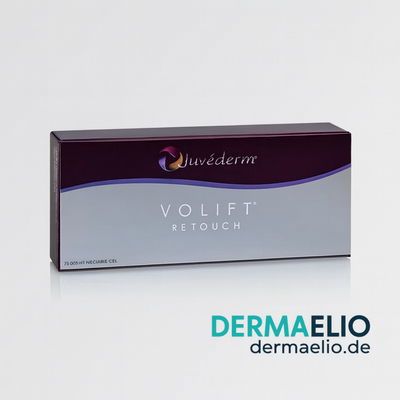 Juvederm Volift Retouch packaging on a white background with DermaElio branding.