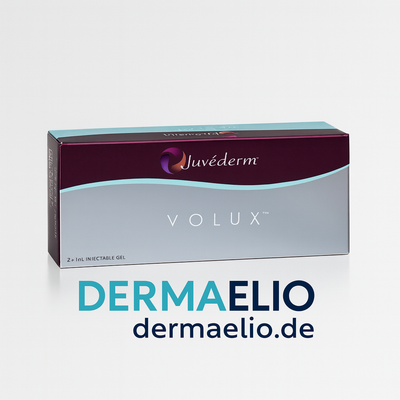 Juvederm Volux packaging with DermaElio branding on a white background