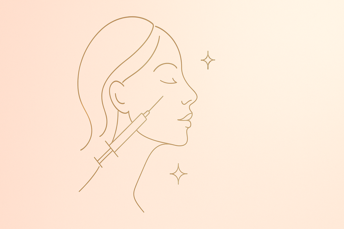 Minimalist line‑art of a woman’s profile receiving a dermal filler injection on her cheek, set against a soft blush‑to‑peach gradient