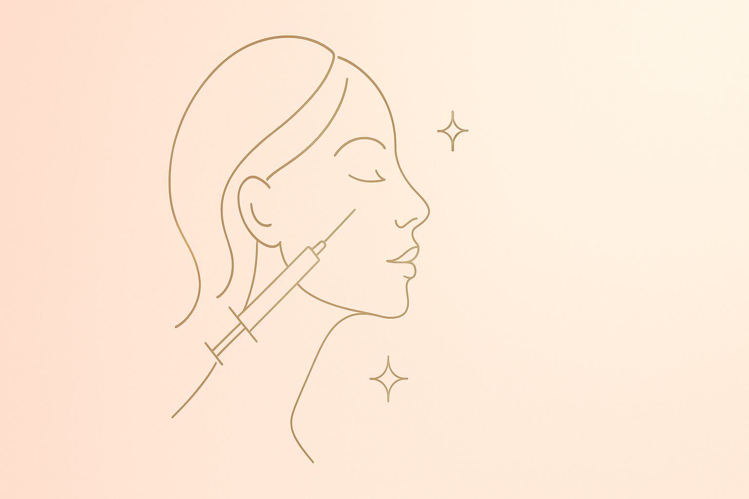 Minimalist line‑art of a woman’s profile receiving a dermal filler injection on her cheek, set against a soft blush‑to‑peach gradient