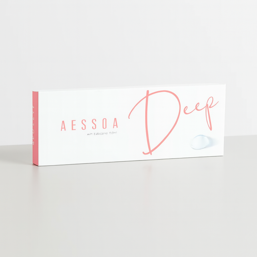 AESSOA Deep dermal filler box with lidocaine 1ml, placed on a light gray surface against a seamless white background with soft studio shadowing.
