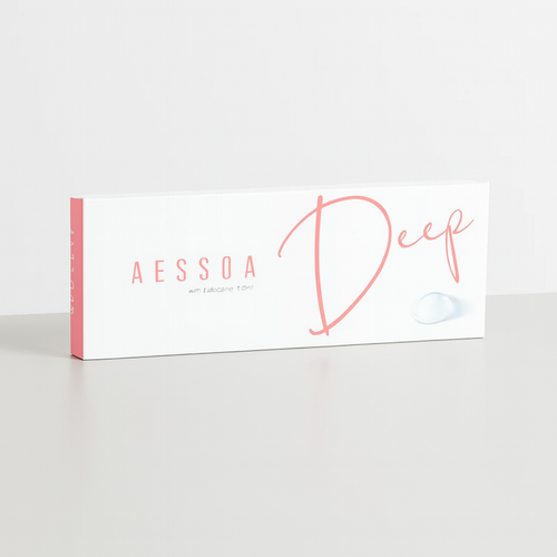 AESSOA Deep dermal filler box with lidocaine 1ml, placed on a light gray surface against a seamless white background with soft studio shadowing.