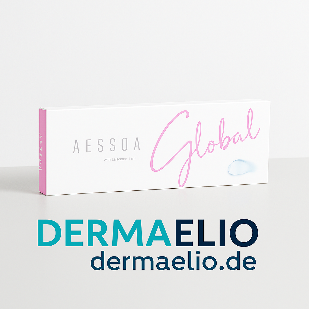 Product packaging with 'Aessoa Global' and 'DermaElio' branding on a white background