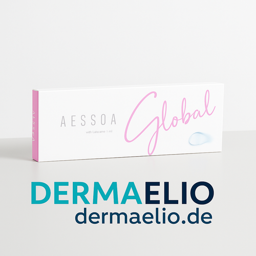 Product packaging with 'Aessoa Global' and 'DermaElio' branding on a white background