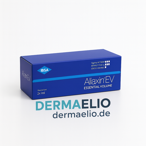 Blue box of Aliaxin EV Essential Volume by IBSA with DermaElio branding on a white background