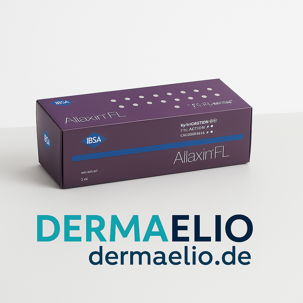 Box of Allaxin FL with IBSA branding on a white background, featuring the DERMAELIO logo.