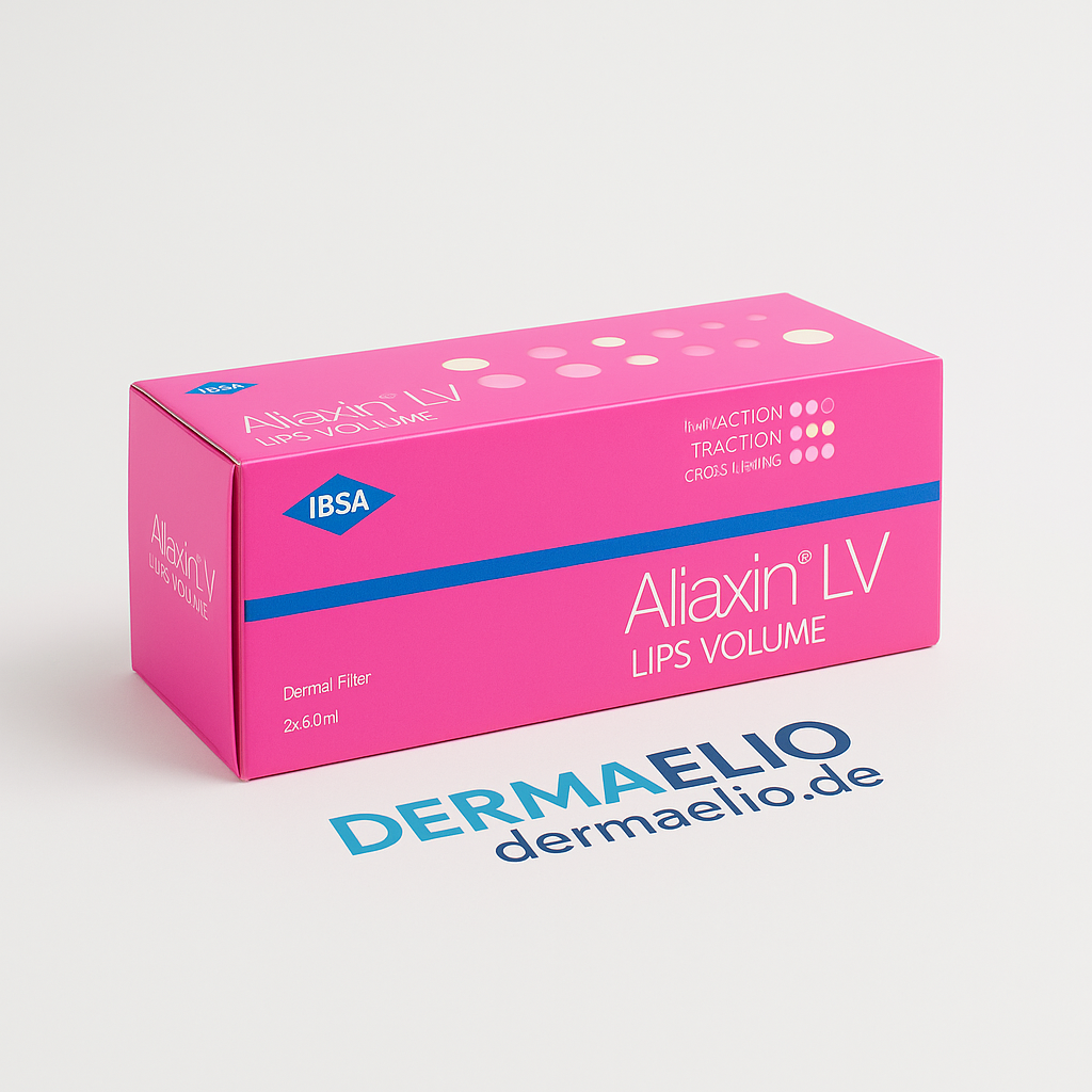 Pink box of Aliaxin LV Lips Volume with IBSA branding on a white background