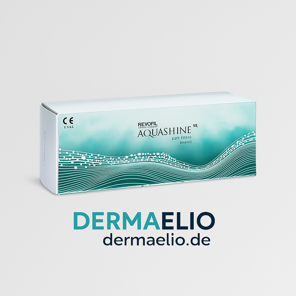 Dermaelio Aquashine product packaging on a light gray background