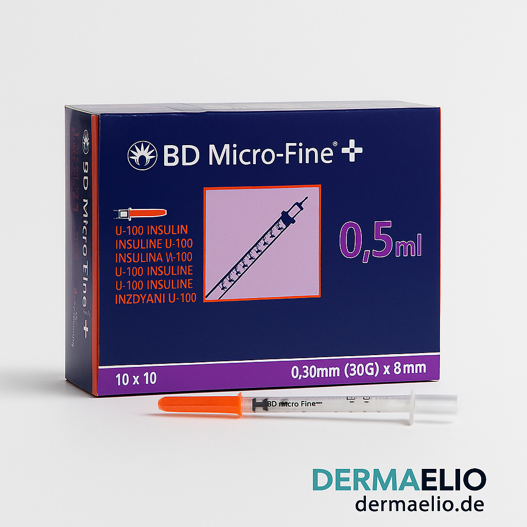 BD Micro-Fine insulin syringe packaging with syringe on a white background