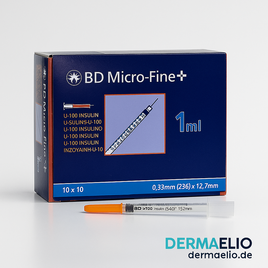BD Micro-Fine+ insulin syringe packaging with syringe on a white background