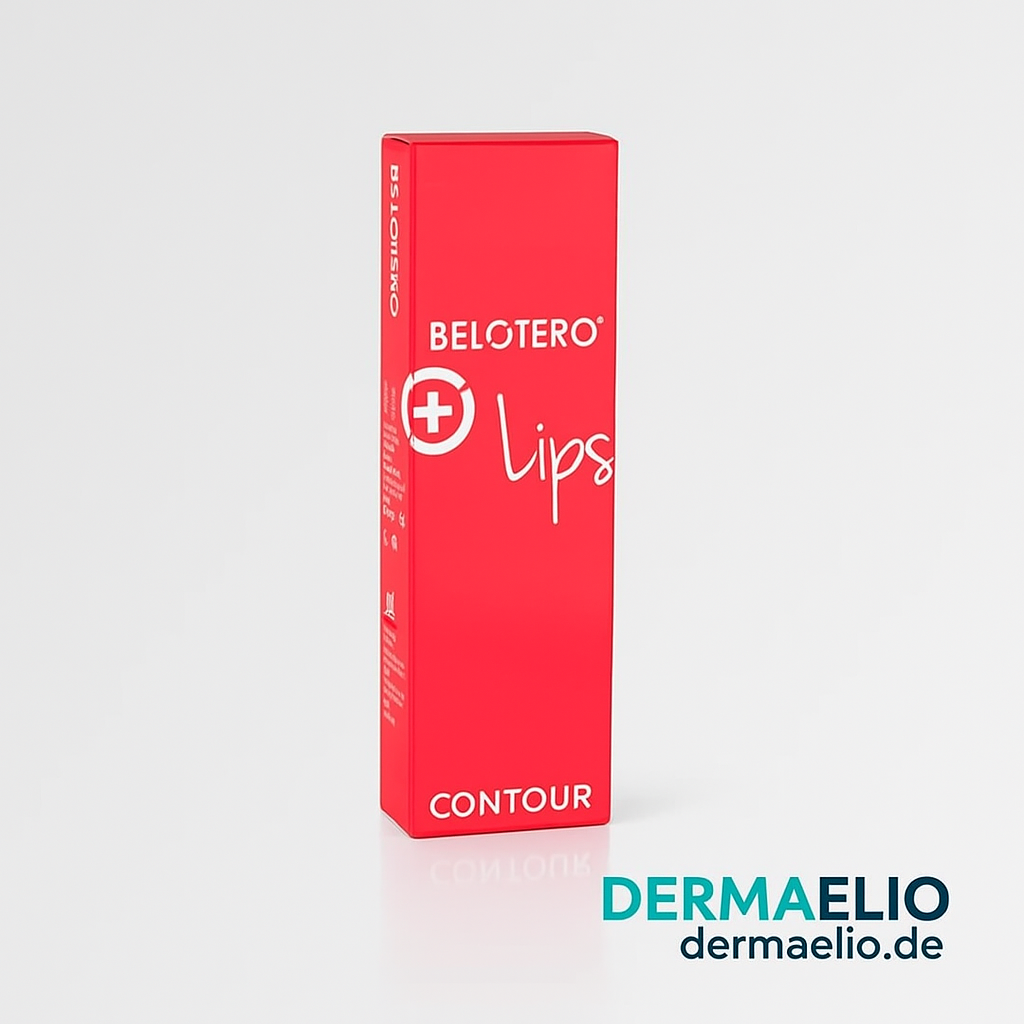 Red box of Belotero Lips Contour on a light gray background with DermaElio branding.