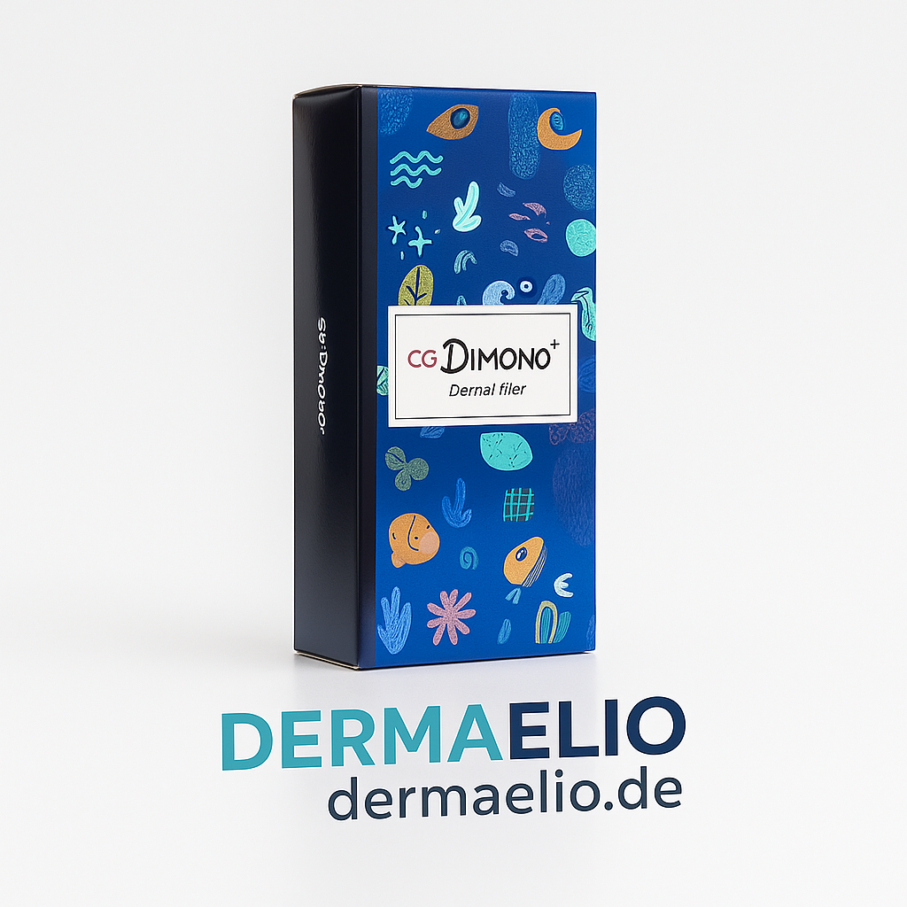 Blue packaging box with decorative elements and 'CG Dimono' branding on a light gray background.