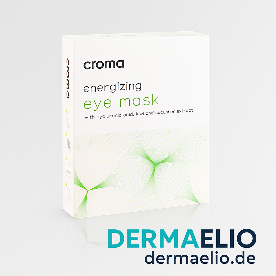Croma energizing eye mask packaging on a white background with DermaElio branding.