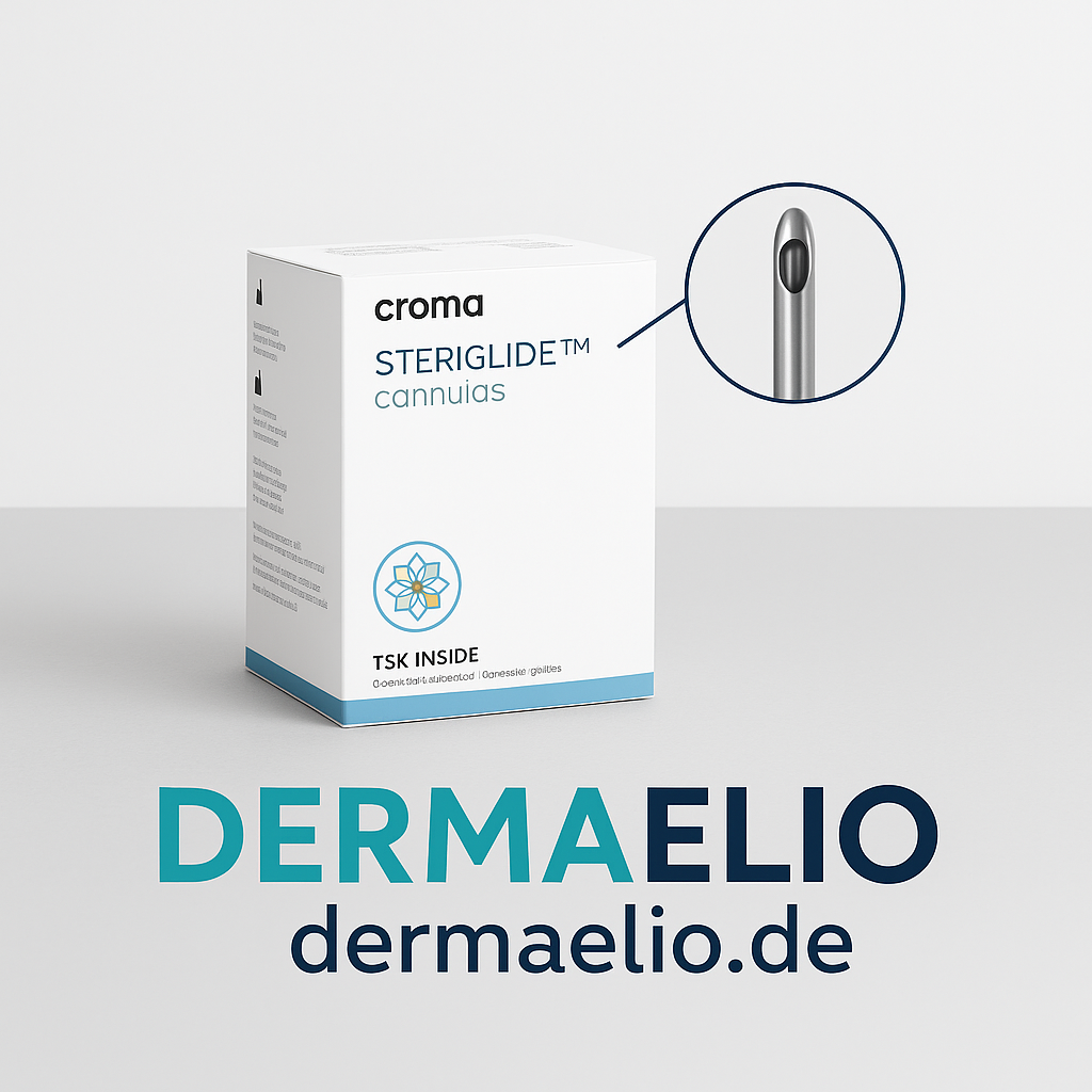 Croma Steriglide cannulas packaging with close-up of cannula on a white background, featuring DermaElio branding.