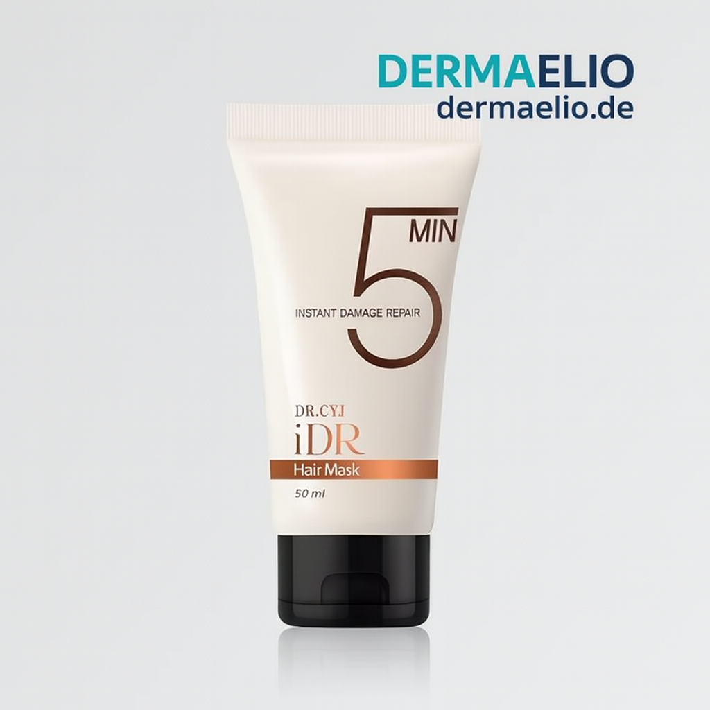 Tube of DR. CVI IDR Hair Mask with '5 Minute Instant Damage Repair' text on a light gray background, featuring the brand 'Dermaelio'.