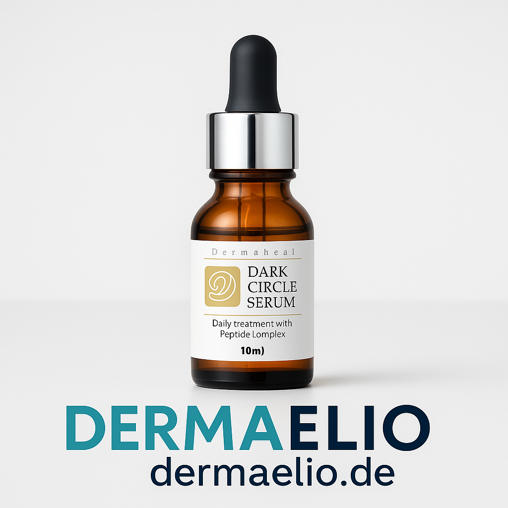 Brown serum bottle with dropper labeled 'Dark Circle Serum' by Derma Elio on a white background.