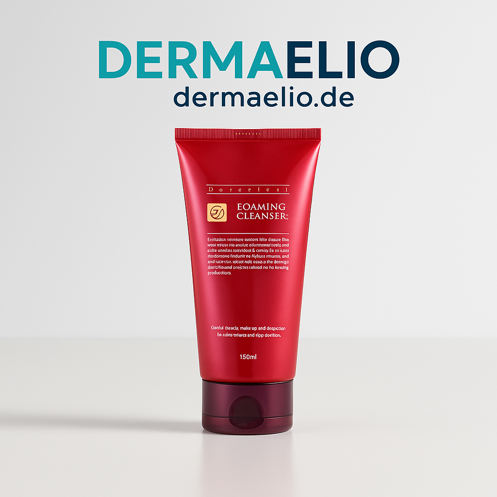 Red tube of Derma Elio Foaming Cleanser on a light gray background