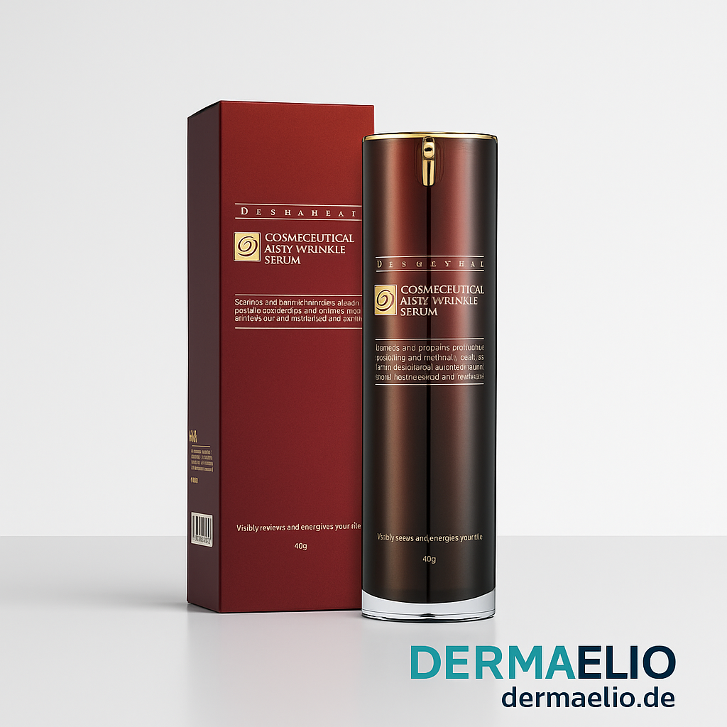 Cosmetic serum bottle and packaging with 'Dermaelio' branding on a light gray background
