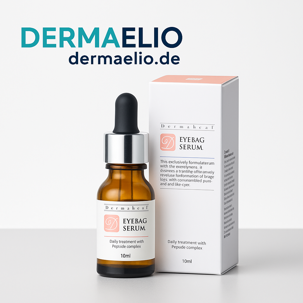 Dermaelio eyebag serum bottle and packaging on a white background