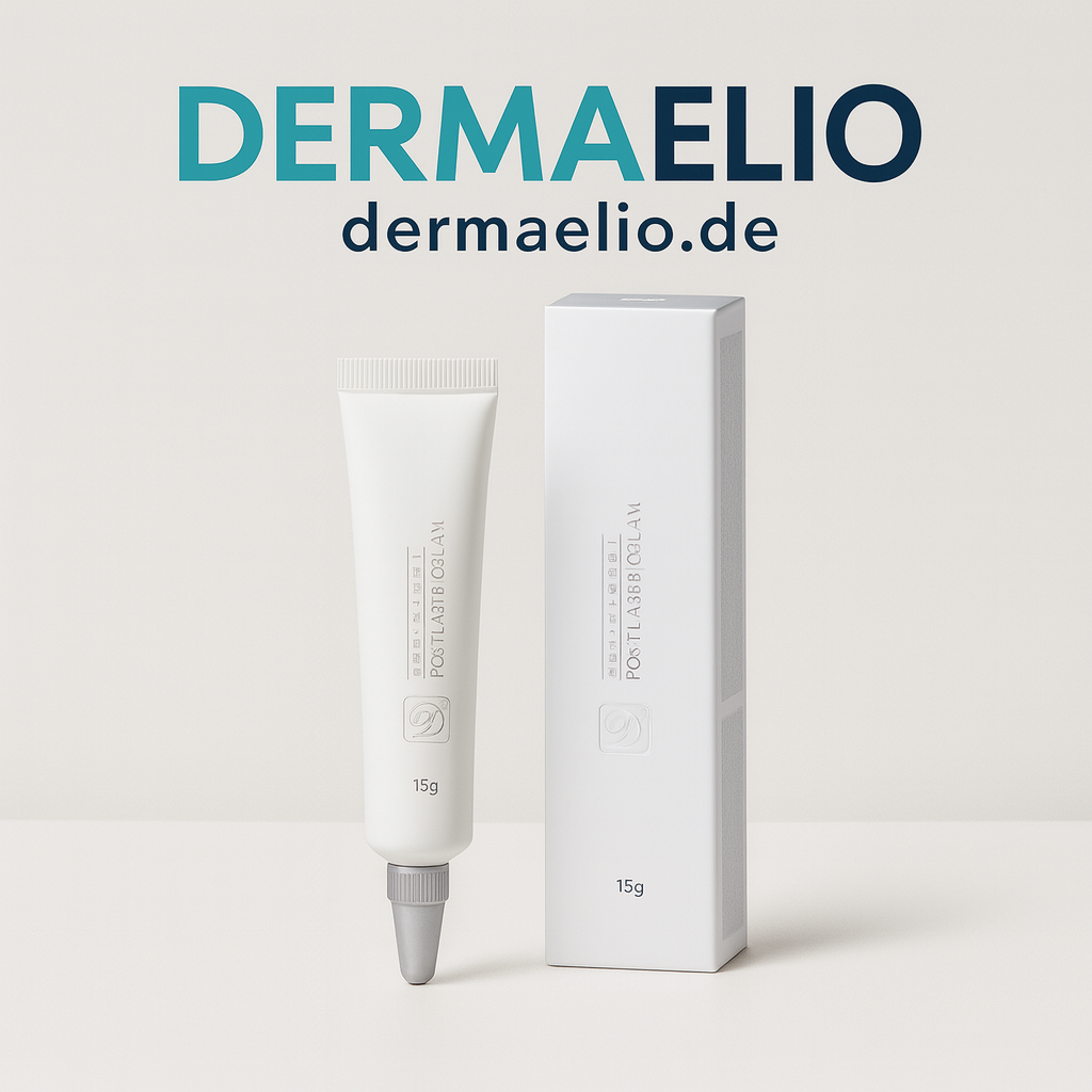 DermaElio skincare product with tube and packaging on a light gray background