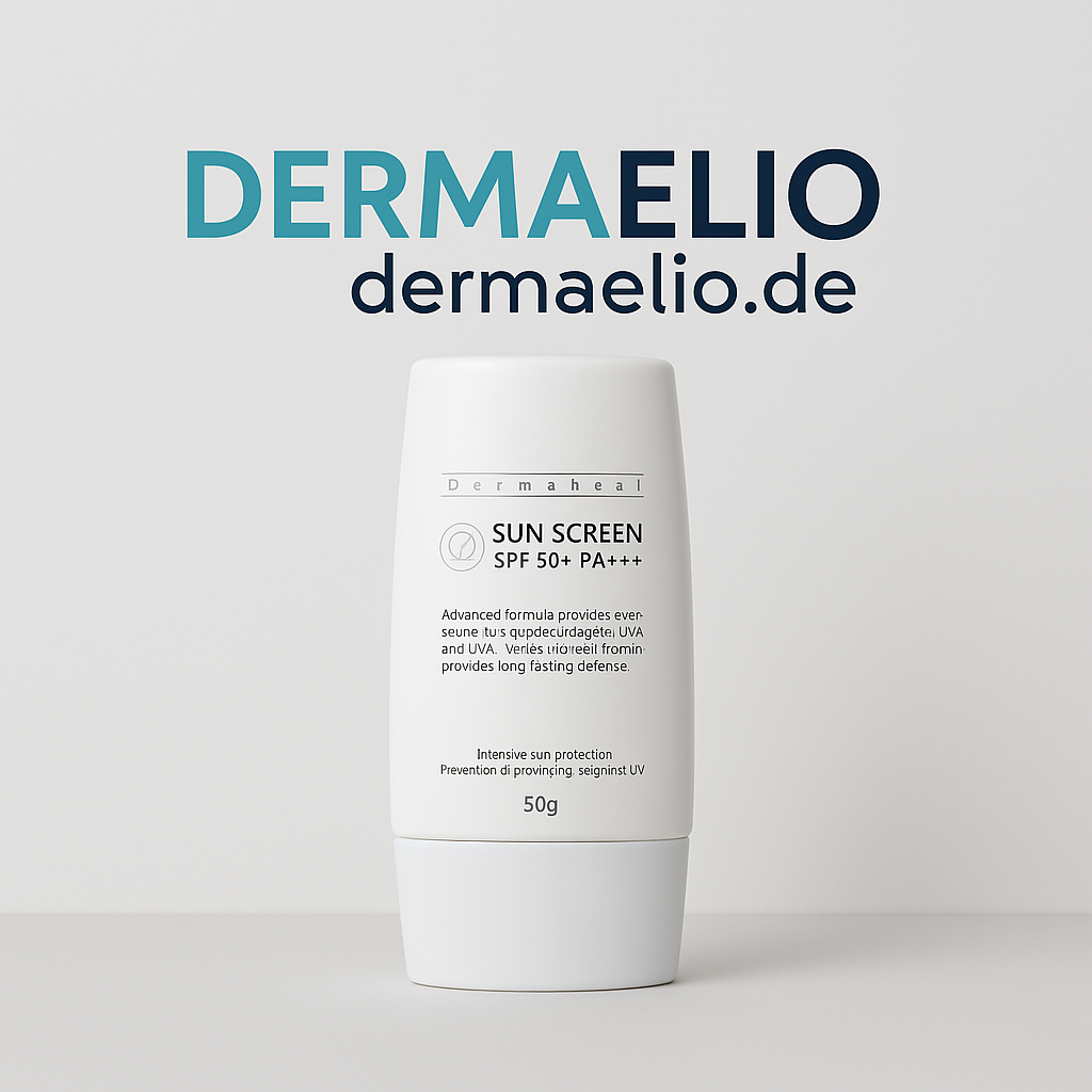 Sunscreen cream bottle with 'DERMAELIO' branding on a light gray background