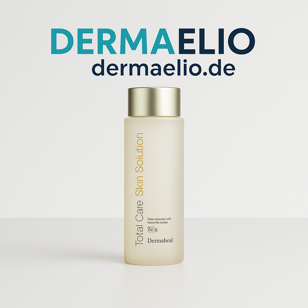 Skincare bottle with 'DERMAELIO' branding on a light gray background