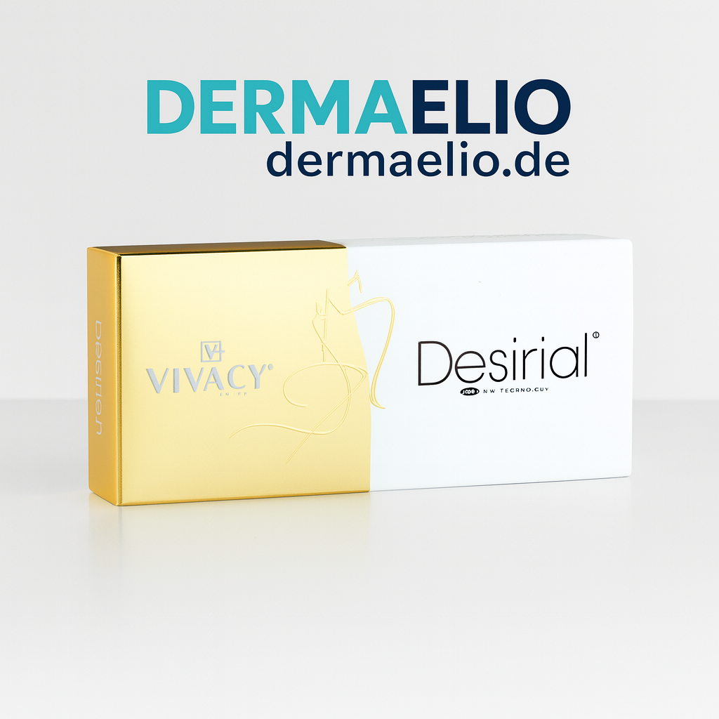 Gold box and white container with 'Vivacy' and 'Desirial' branding on a light gray background, featuring the DermaElio brand.