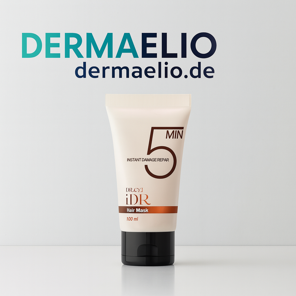 Tube of Derma Elio hair mask on a white background with brand name displayed.