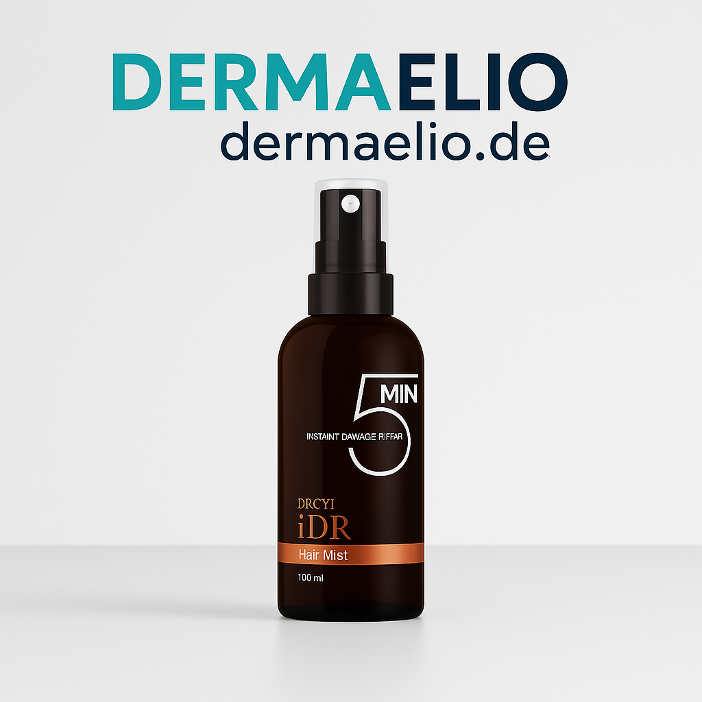 Brown spray bottle with 'DERMAELIO' branding on a light gray background