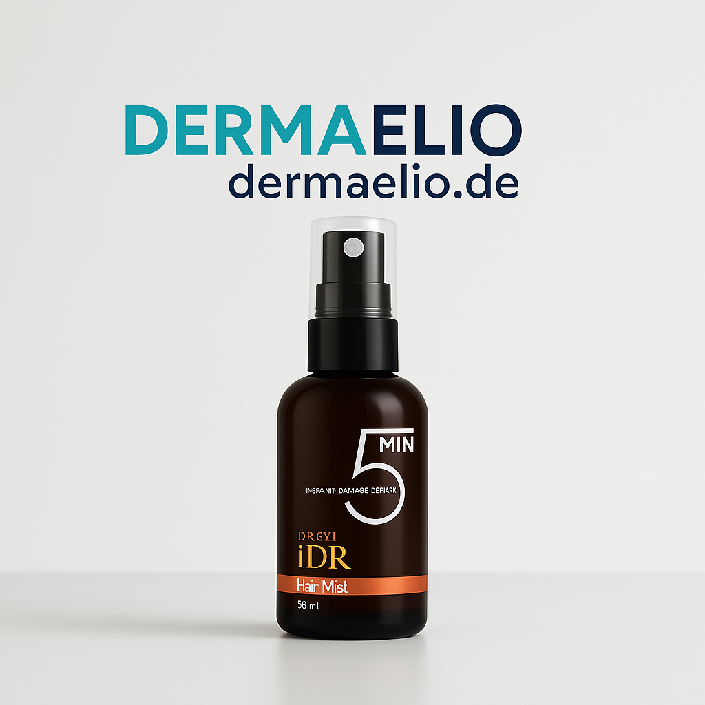 Bottle of Derma Elio hair mist with brand name and website on a light gray background