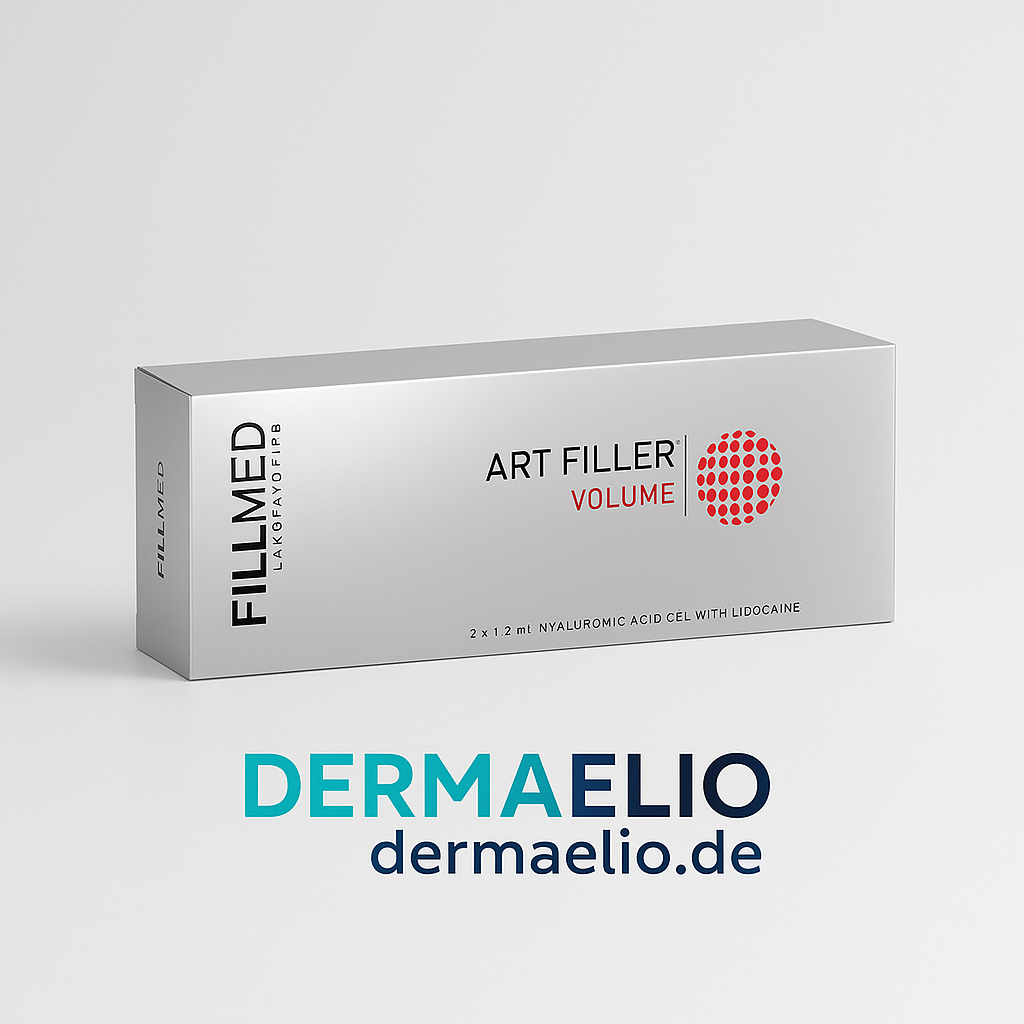 Box of Fillmed Art Filler Volume with Dermaelio branding on a light gray background