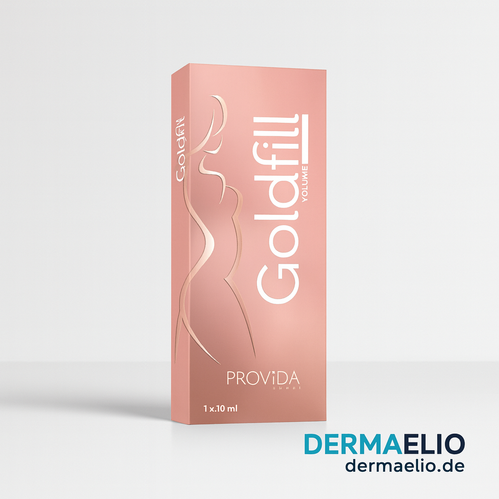 Box of Goldfill by Provida on a light gray background with DermaElio branding.