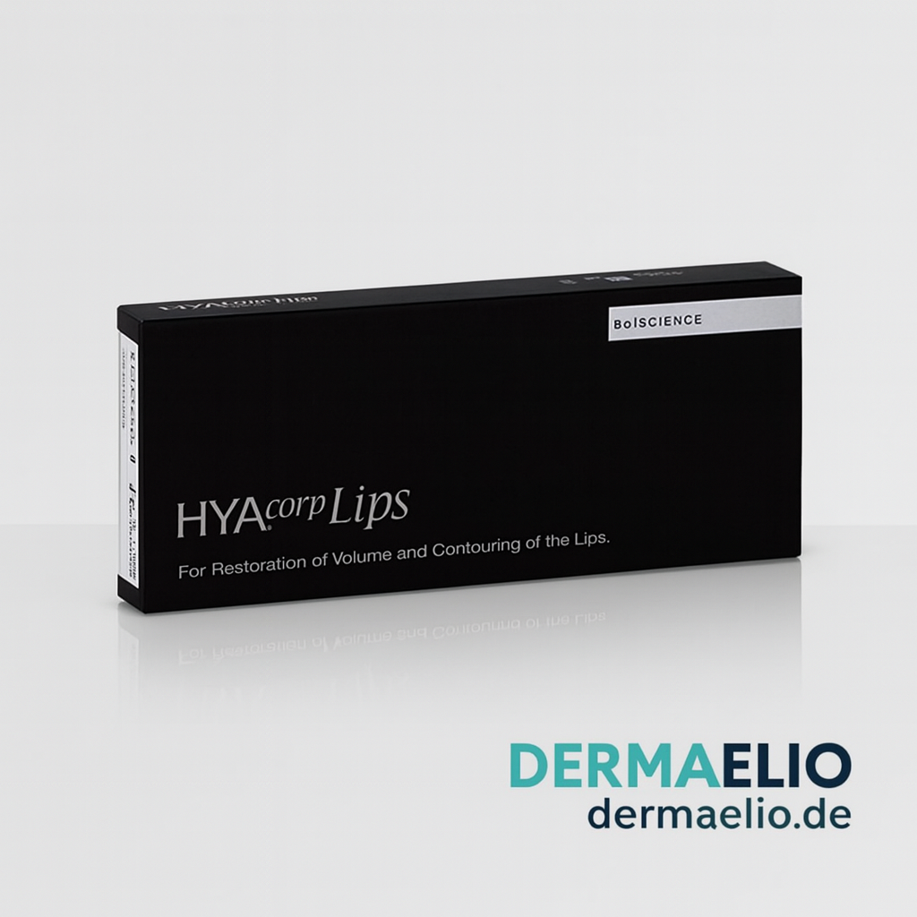 Black box labeled 'HYAcorp Lips' with 'DERMAELIO' branding on a light gray background
