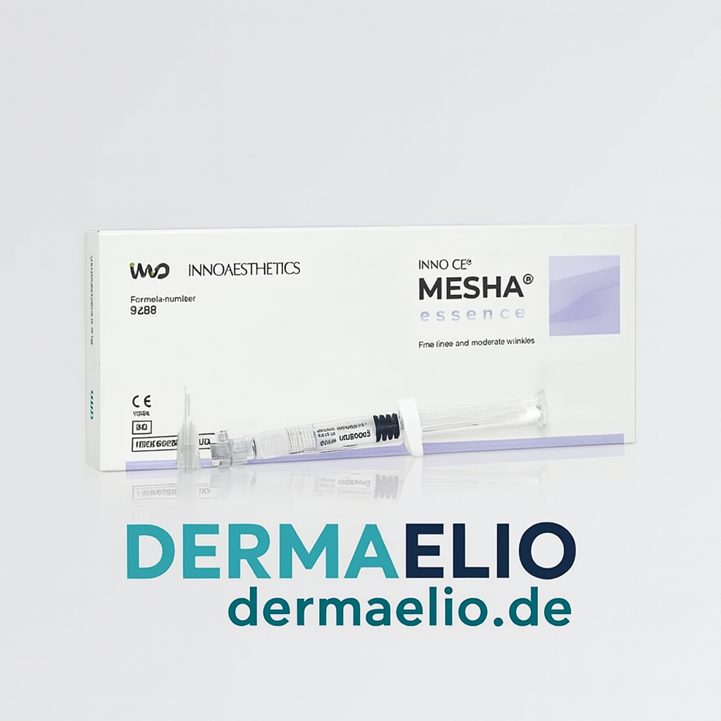 Medical syringe and packaging with 'INNOAESTHETICS' and 'MESHA' branding on a light gray background.