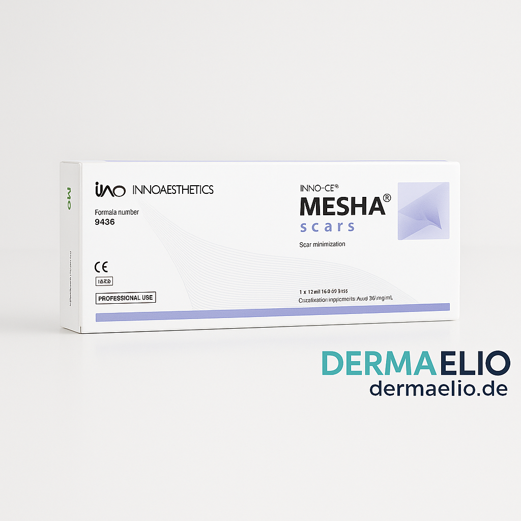 Box of INNOAESTHETICS MESHA scars with DERMAELIO branding on a white background