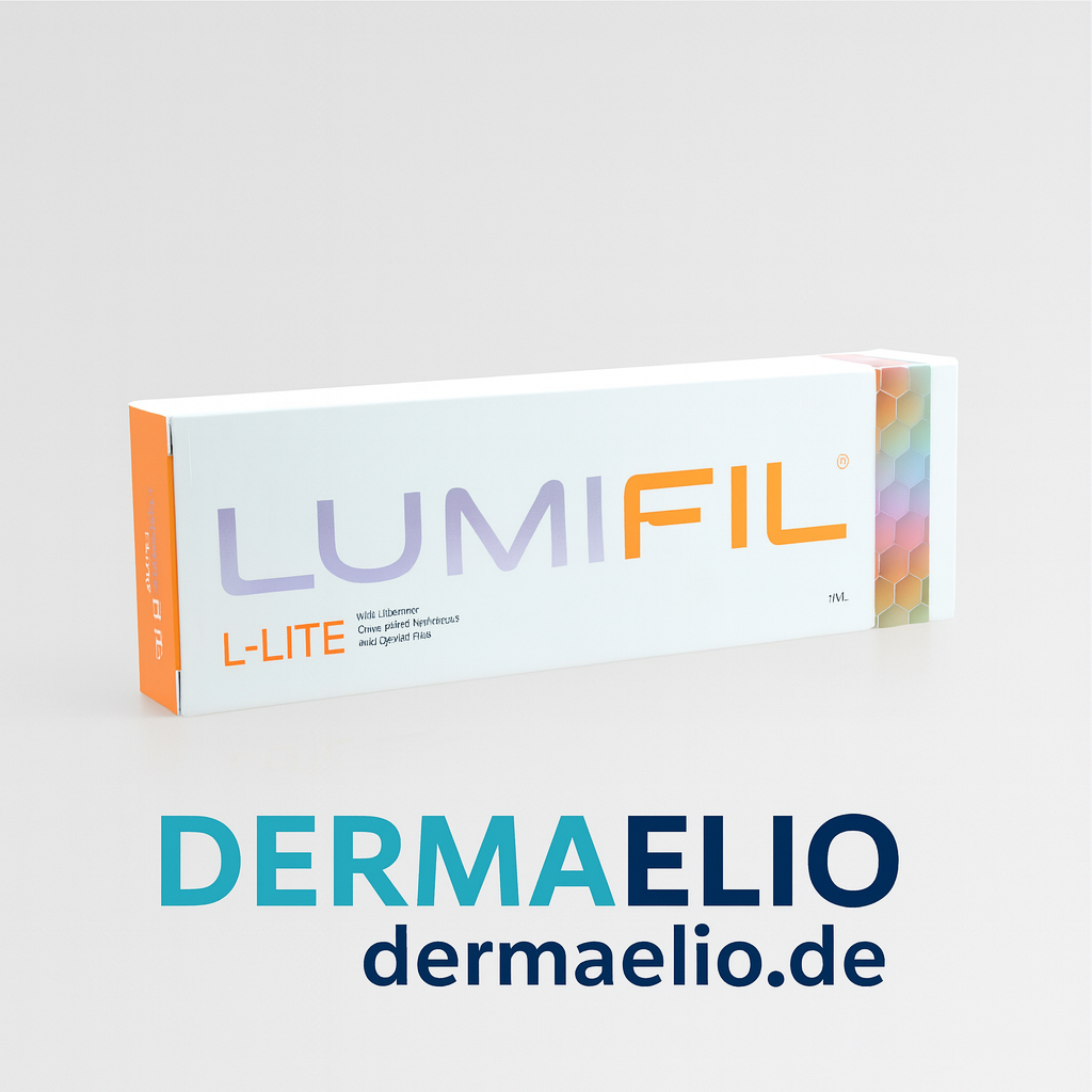 Lumifil L-Lite packaging with Dermaelio branding on a gray background
