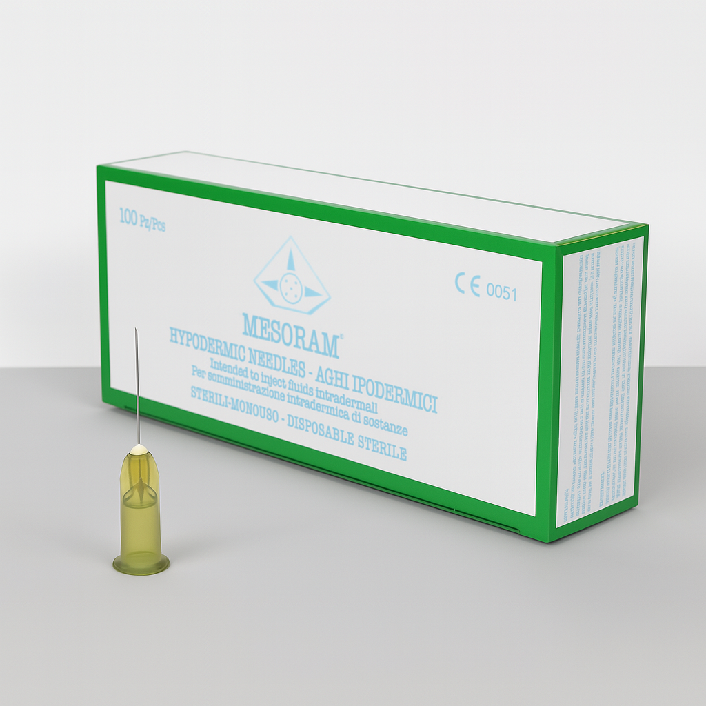 Single‑use 30G mesotherapy needle (0.30 × 13 mm). Sterile and precise—ideal for intradermal injection of serums, peptides, and skin boosters.