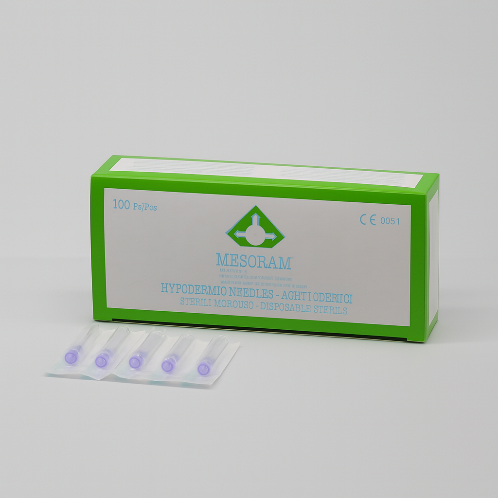 Single-use meso needle (30G, 0.30 × 6 mm). Ideal for intradermal injections of serums, vitamins, or HA boosters in aesthetic treatments.