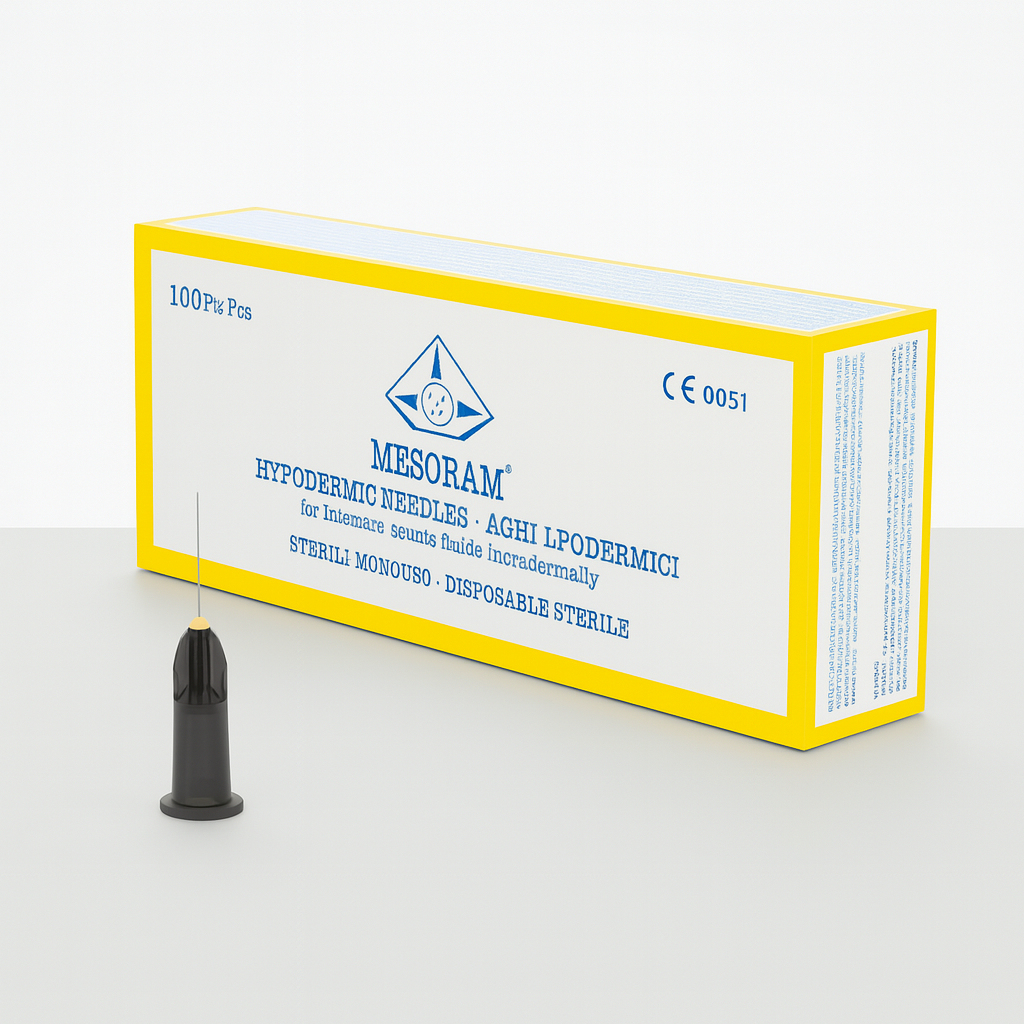 Ultra-fine mesotherapy needle (33G, 0.20 × 4 mm) for delicate skin areas and controlled micro-injections.
