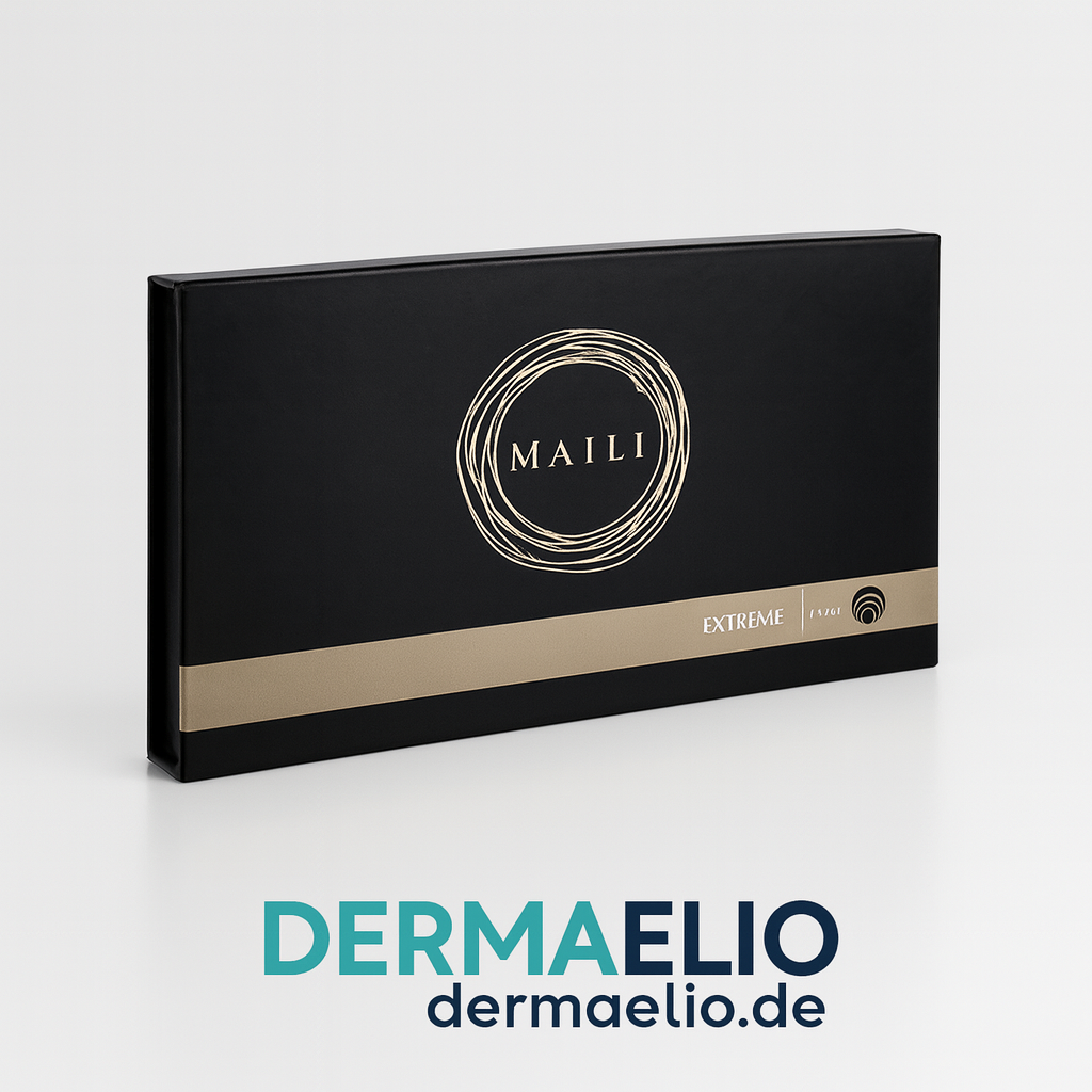 Black and gold product box with 'MAILI' branding on a light gray background, featuring the DERMAELIO brand at the bottom.