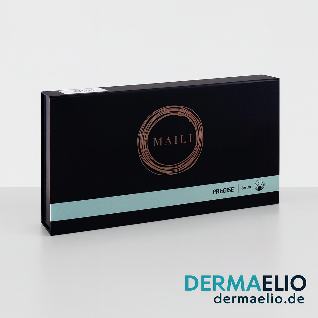 Black box with 'MAILI' branding on a white background, featuring the DERMAELIO logo.