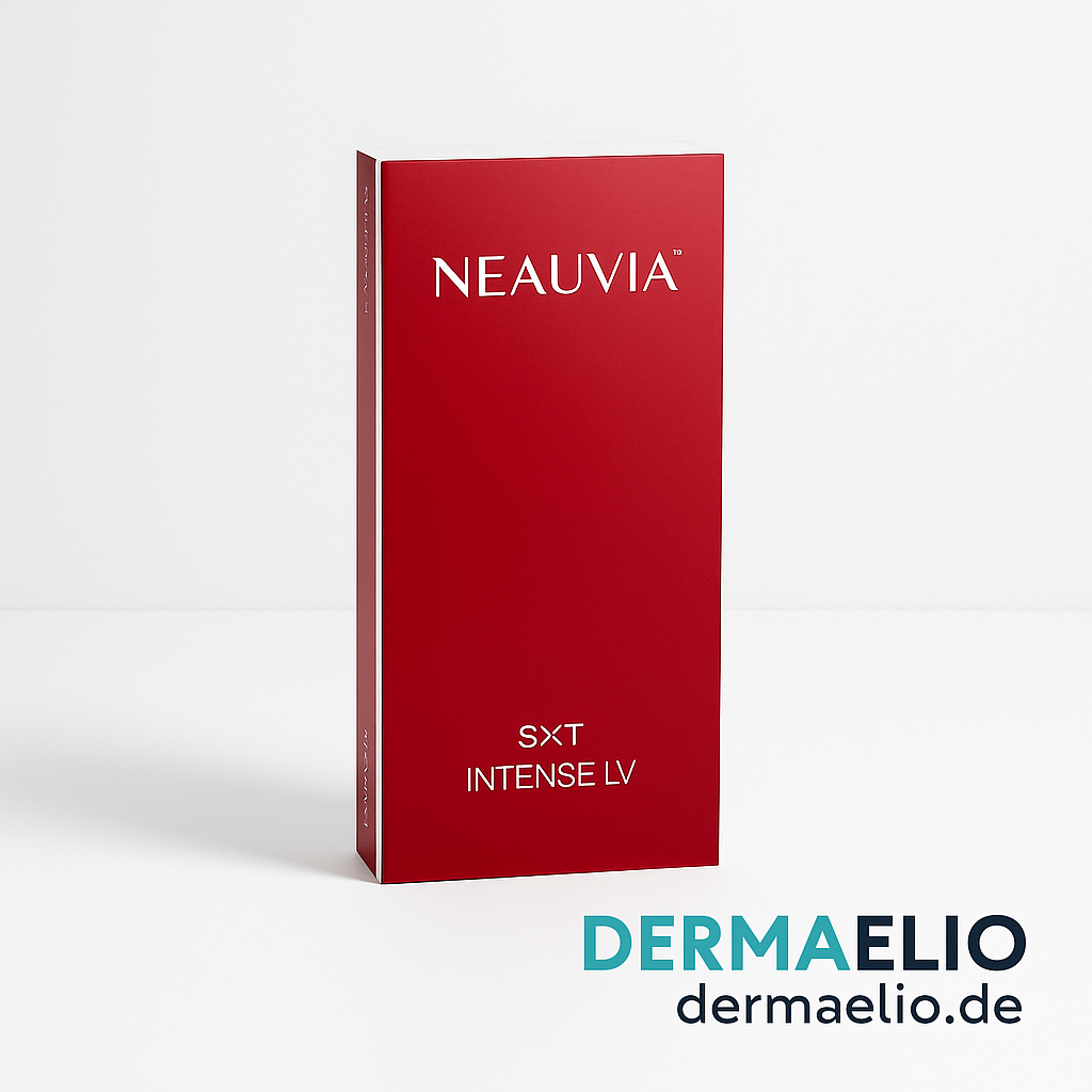 Red packaging of NEAUVIA SXT Intense LV on a white background with DERMAELIO branding.