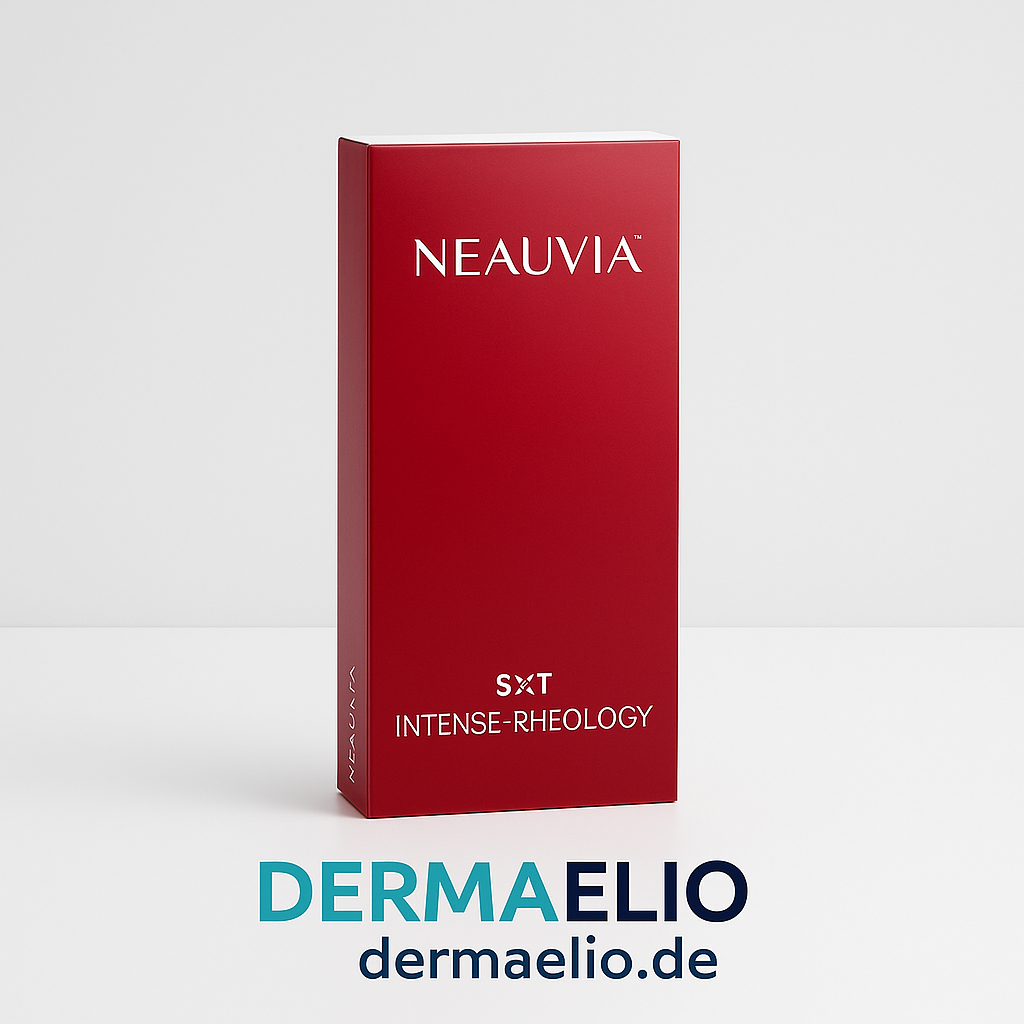 Red box labeled 'Neauvia' with 'DermaElio' branding on a light gray background