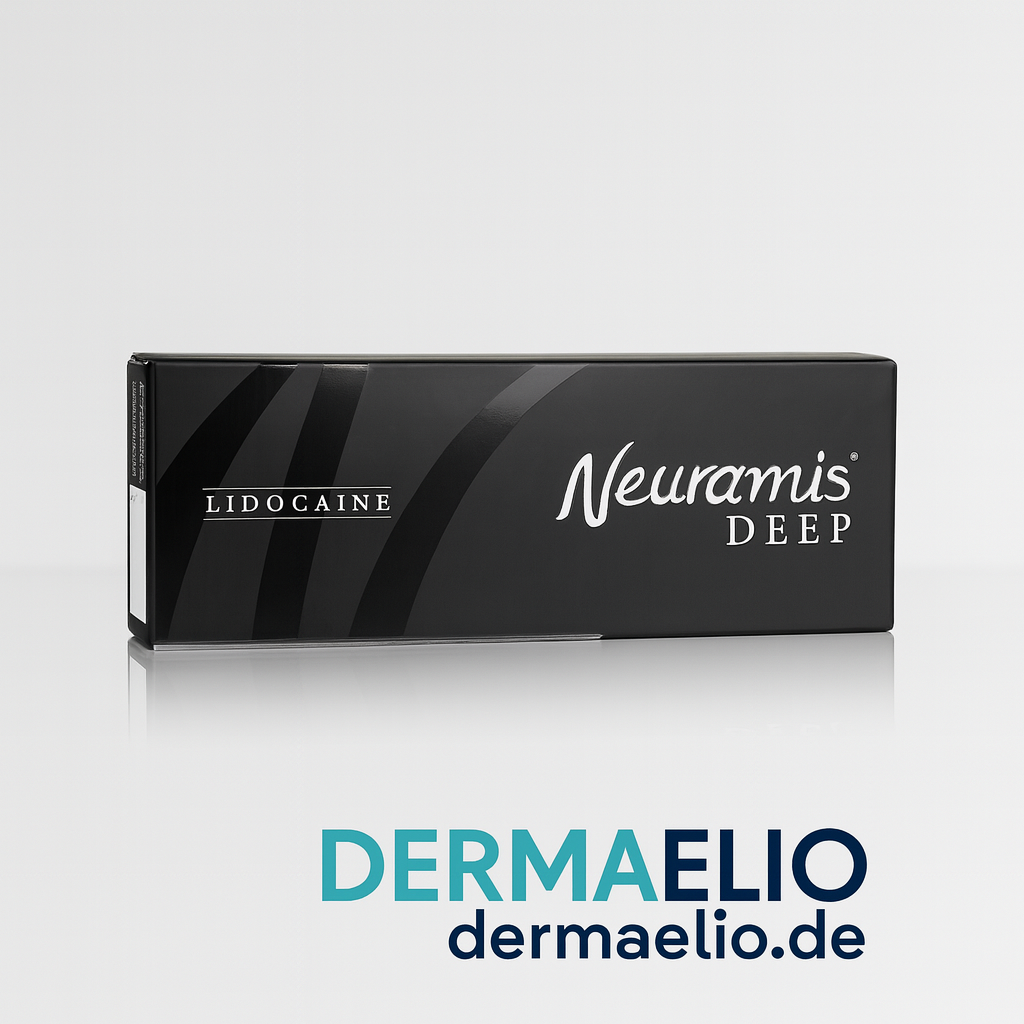 Neuramis Deep packaging with Lidocaine on a gray background, featuring the Dermaelio brand.