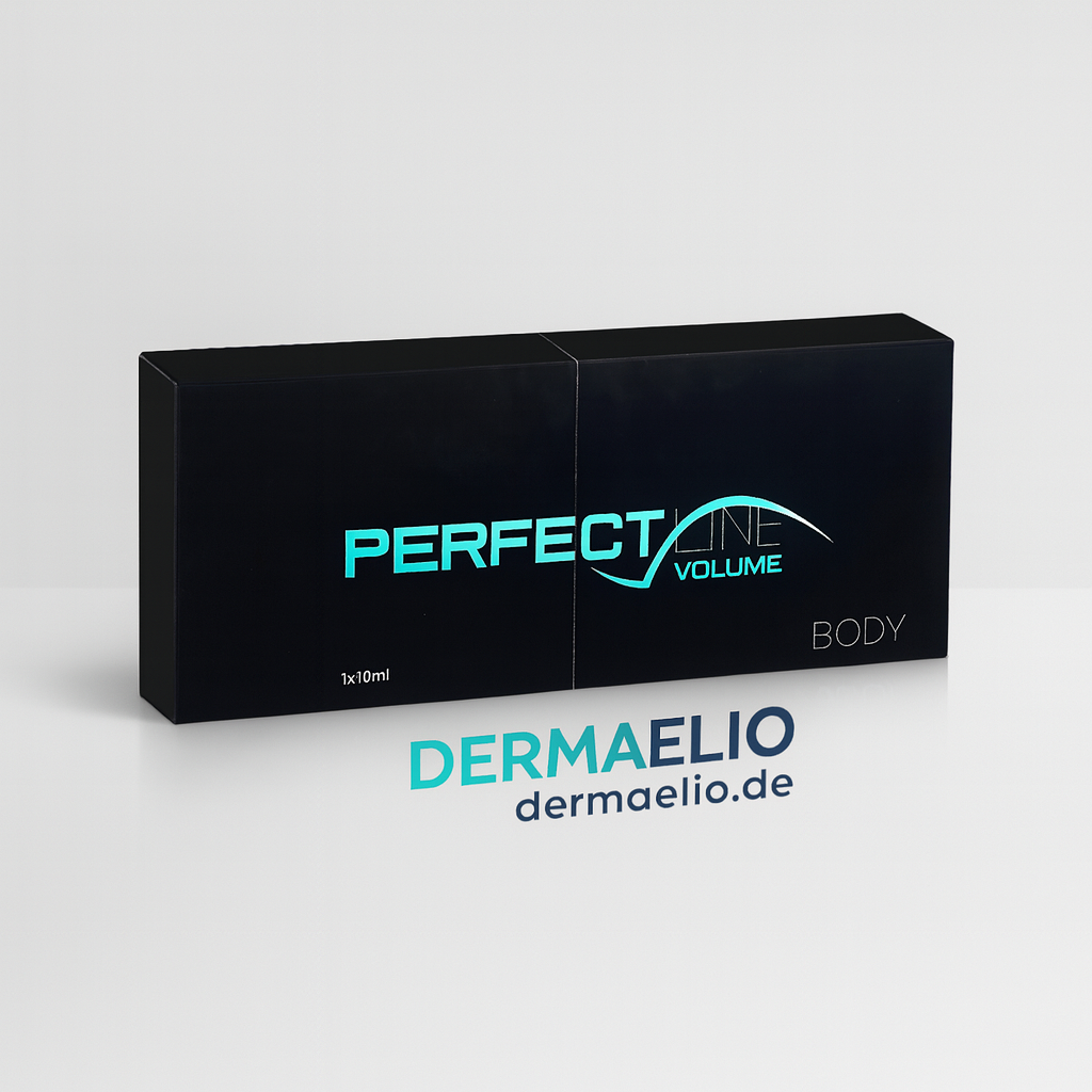 Black box with 'Perfect Line Volume' and 'Dermaelio' branding on a light gray background
