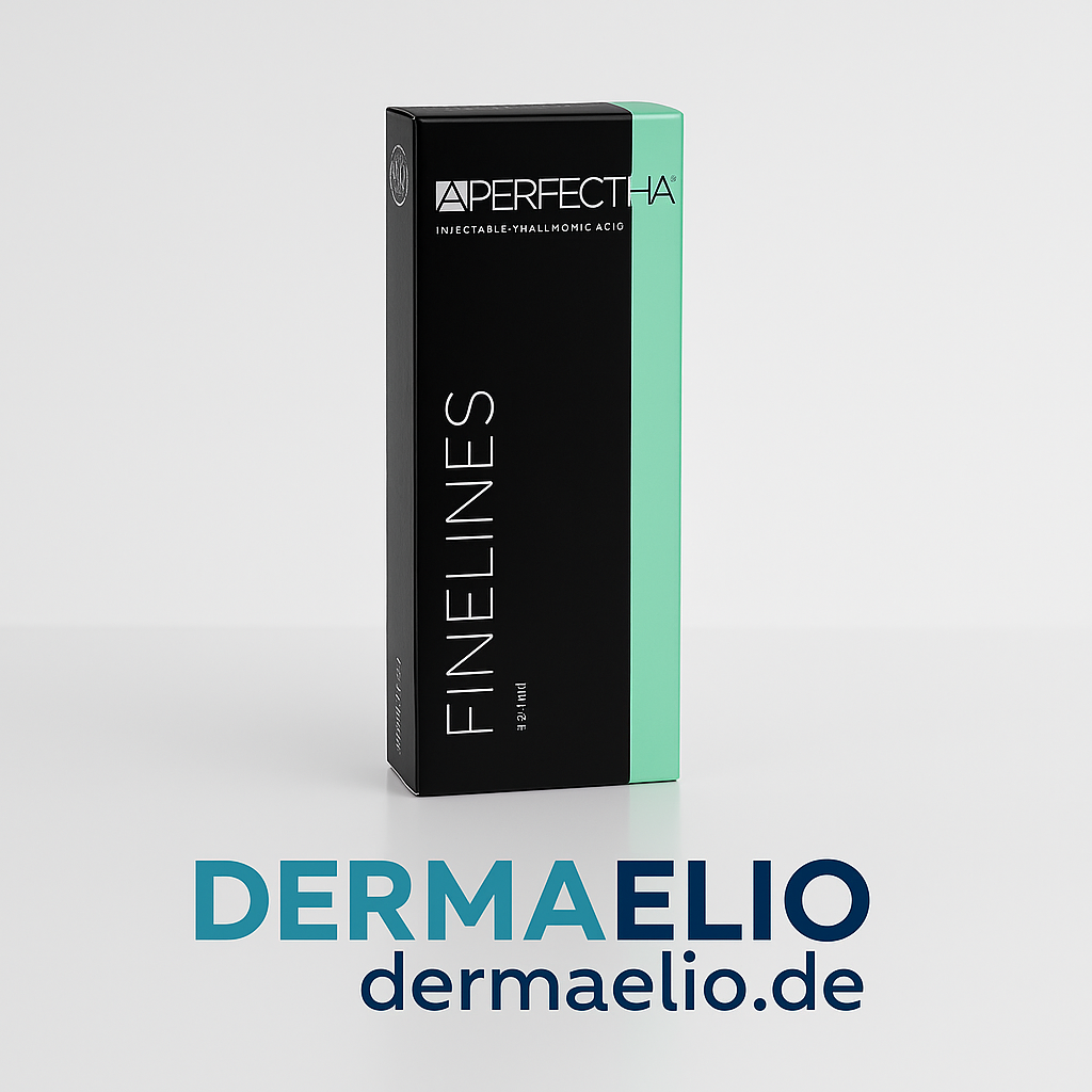 Box of A PERFECT HAIR Finelines with DermaElio branding on a light gray background