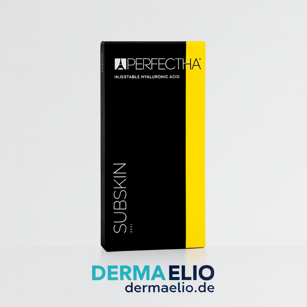 Packaging of Subskin by Perfectha with Derma Elio branding on a light gray background