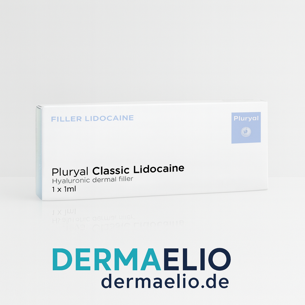 Box of Pluryal Classic Lidocaine dermal filler with DERMAELIO branding on a white background