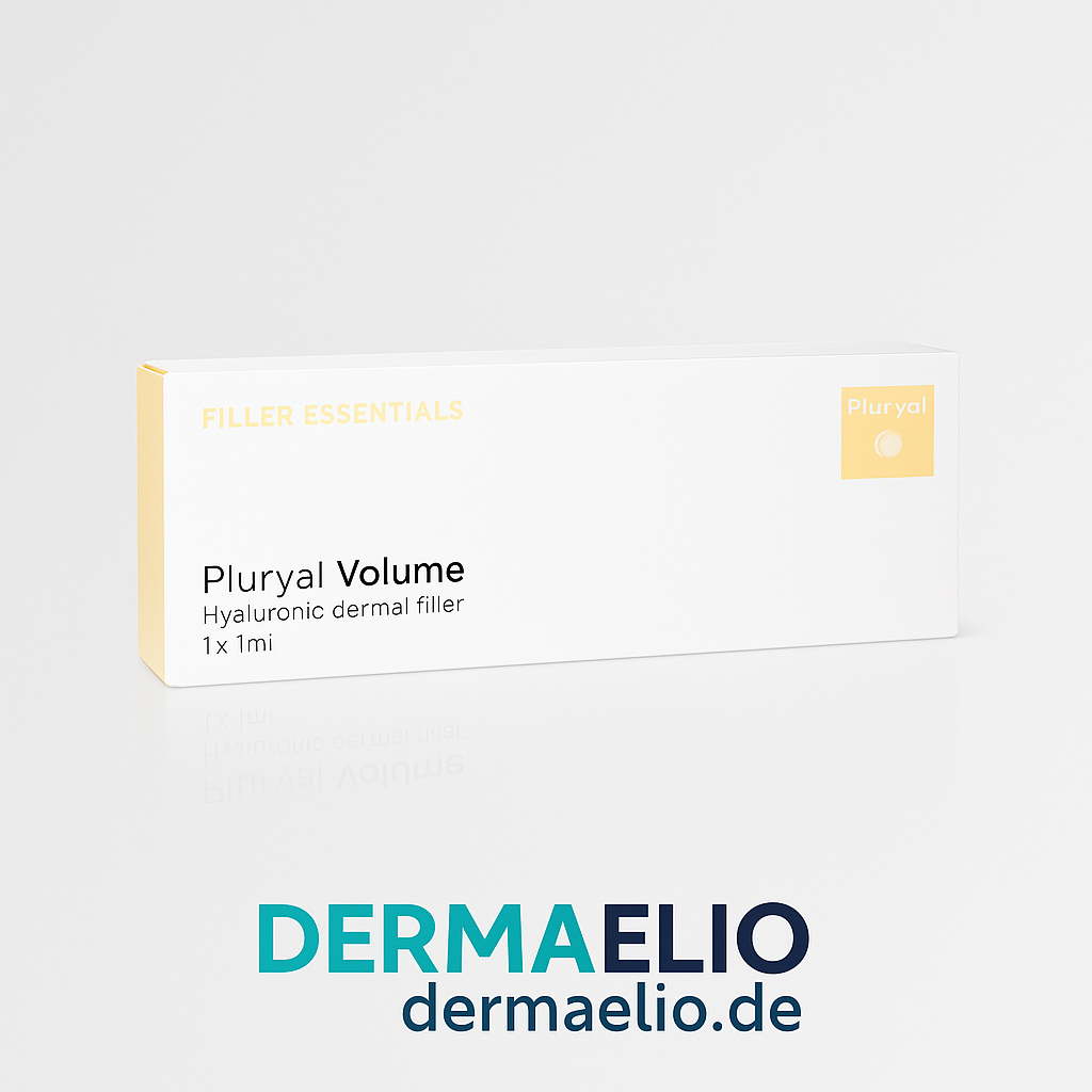 Box of Pluryal Volume dermal filler by DermaElio on a light gray background