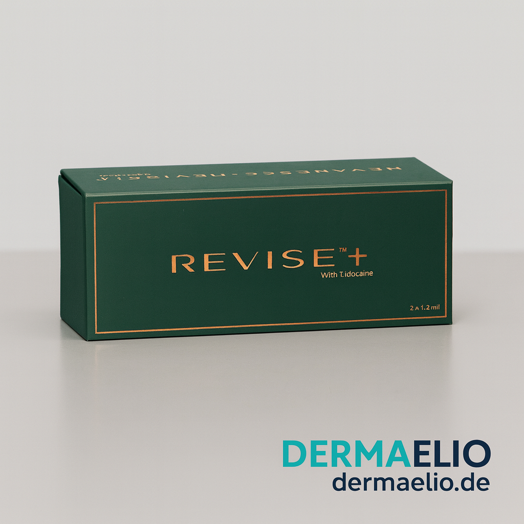 Green box labeled 'REVISE+' with gold text on a gray background, featuring the brand 'DERMAELIO'.